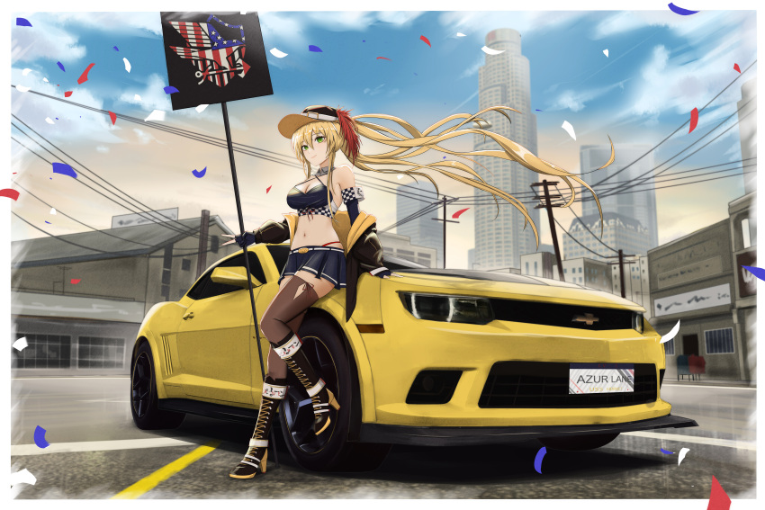 absurdres against_vehicle alternate_costume american_flag arm_support armband azur_lane backless_shirt bare_shoulders belt billboard black_footwear black_headwear black_jacket blonde_hair blue_gloves blue_skirt blue_sky boots breasts brown_thighhighs building car character_name checkered_armband checkered_clothes chevrolet chevrolet_camaro city cityscape cleavage cloud cloudy_sky collared_shirt commentary confetti copyright_name country_connection cowboy_hat criss-cross_halter crop_top cross-laced_footwear day detached_collar eagle_union_(emblem) elbow_gloves feather_hair_ornament feathers female fingerless_gloves full_body gloves green_eyes groin hair_between_eyes hair_ornament halterneck hat high_heel_boots high_heels highleg highleg_panties highres holding holding_sign hornet_(azur_lane) jacket jacket_partially_removed kcar66t knee_boots lace-up_boots leaning_against_vehicle linea_alba long_hair los_angeles lowleg lowleg_skirt manjuu_(azur_lane) midriff miniskirt motor_vehicle muscle_car navel off_shoulder outdoors panties partially_fingerless_gloves platform_footwear pleated_skirt power_lines product_placement race_queen real_world_location red_panties red_ribbon ribbon shadow shirt side-tie_legwear side-tie_thighhighs sidelocks sign single_horizontal_stripe skindentation skirt sky skyscraper sleeveless sleeveless_shirt smirk standing standing_on_one_leg thighhighs thighhighs_under_boots twintails two-sided_fabric two-sided_jacket u.s._bank_tower underwear united_states utility_pole v vehicle_focus very_long_hair white_belt wind wind_lift window zettai_ryouiki