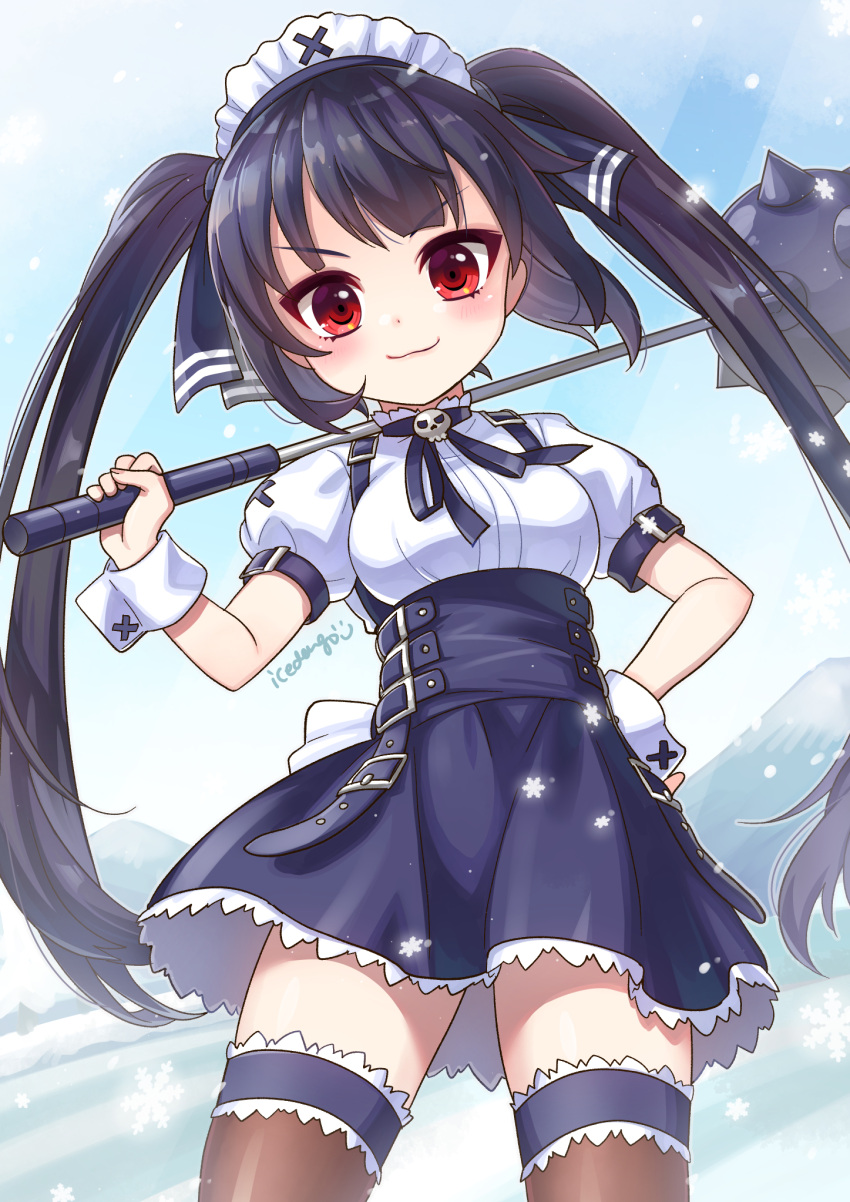 arm_up black_hair black_skirt black_thighhighs female hand_on_own_hip highres icedango_(dpopic3) kooh long_hair looking_at_viewer mace maid_headdress pangya red_eyes ribbon shirt short_sleeves skirt smile solo spiked_mace spikes thighhighs thighs twintails very_long_hair weapon white_shirt wrist_cuffs