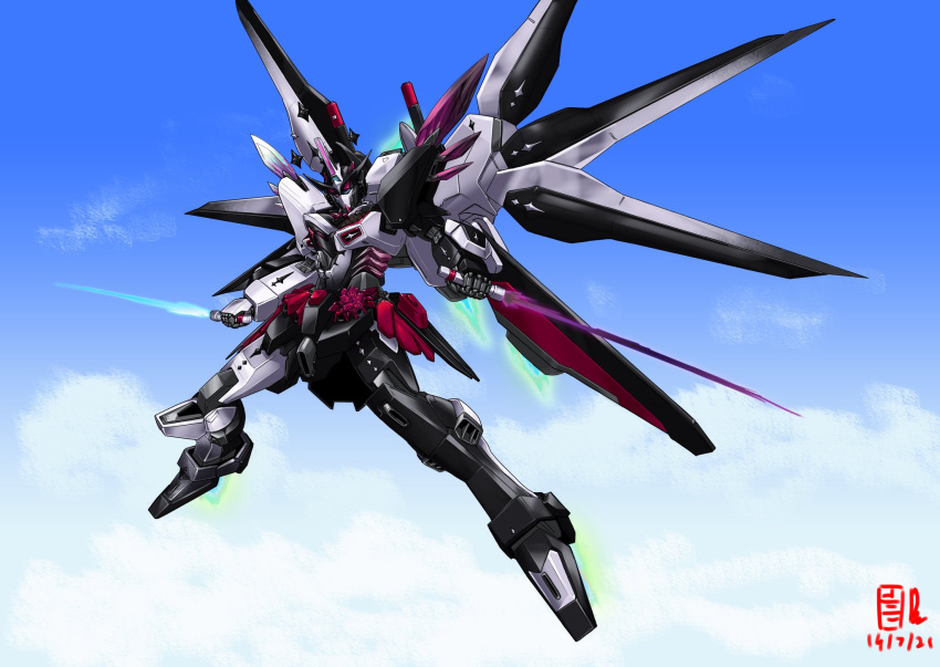 beam_saber cloud dual_wielding fusion gundam gundam_seed gundam_seed_destiny highres holding holding_sword holding_weapon hololive hololive_english infinite_justice_gundam irys_(hololive) irys_(irys_1.0)_(hololive) looking_at_viewer mecha mecha_focus mechanical_wings mobile_suit no_humans pravin_rao_santheran robot science_fiction sky solo strike_freedom_gundam sword v-fin virtual_youtuber weapon wings