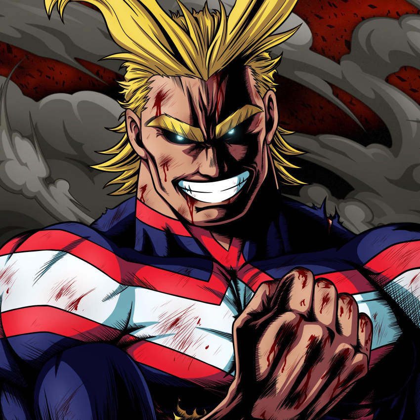 1boy all_might antenna_hair black_sclera blonde_hair blood blood_on_face blood_on_hands blood_stain bodysuit boku_no_hero_academia bruise bruise_on_face clenched_hand colored_sclera commentary glowing glowing_eyes hand_up highres injury looking_at_viewer male_focus messy_hair muscular muscular_male pectorals short_hair smile solo studio_viga thick_eyebrows torn_bodysuit torn_clothes upper_body