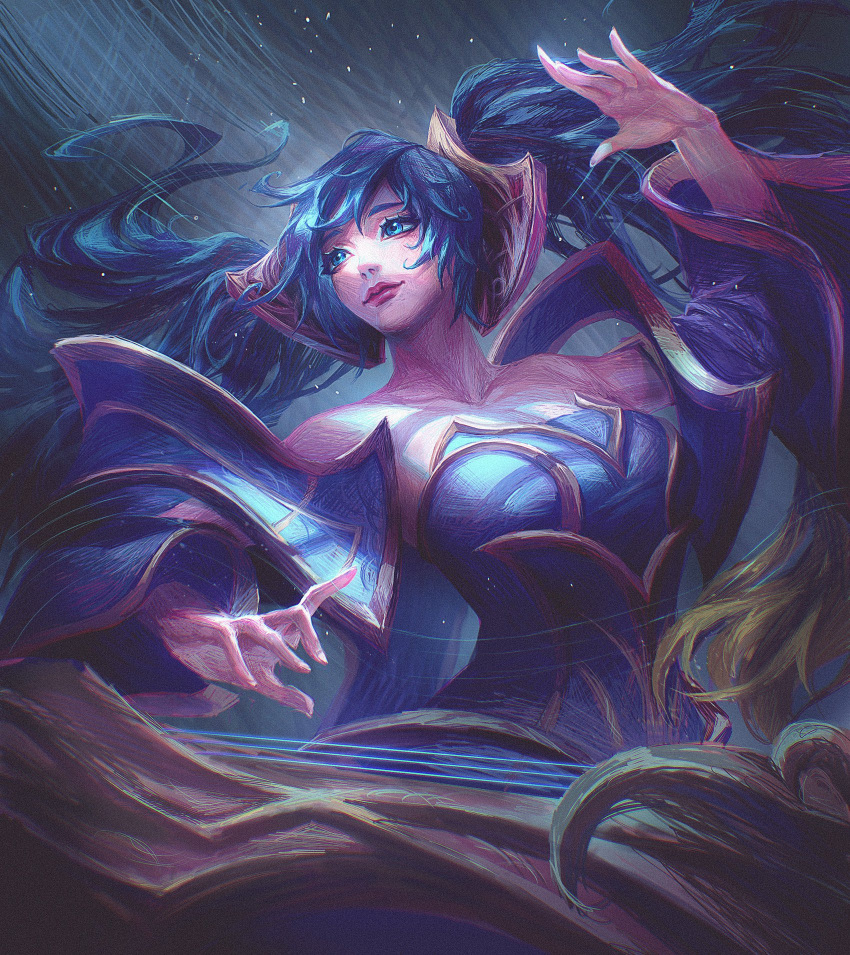 bare_shoulders blue_dress blue_eyes blue_hair blue_sleeves breasts cleavage collarbone detached_sleeves dress female green_eyes grey_background hair_ornament highres large_breasts league_of_legends long_hair looking_to_the_side multicolored_background smile solo sona_(league_of_legends) strapless strapless_dress twintails zoe_(crownsforkings)