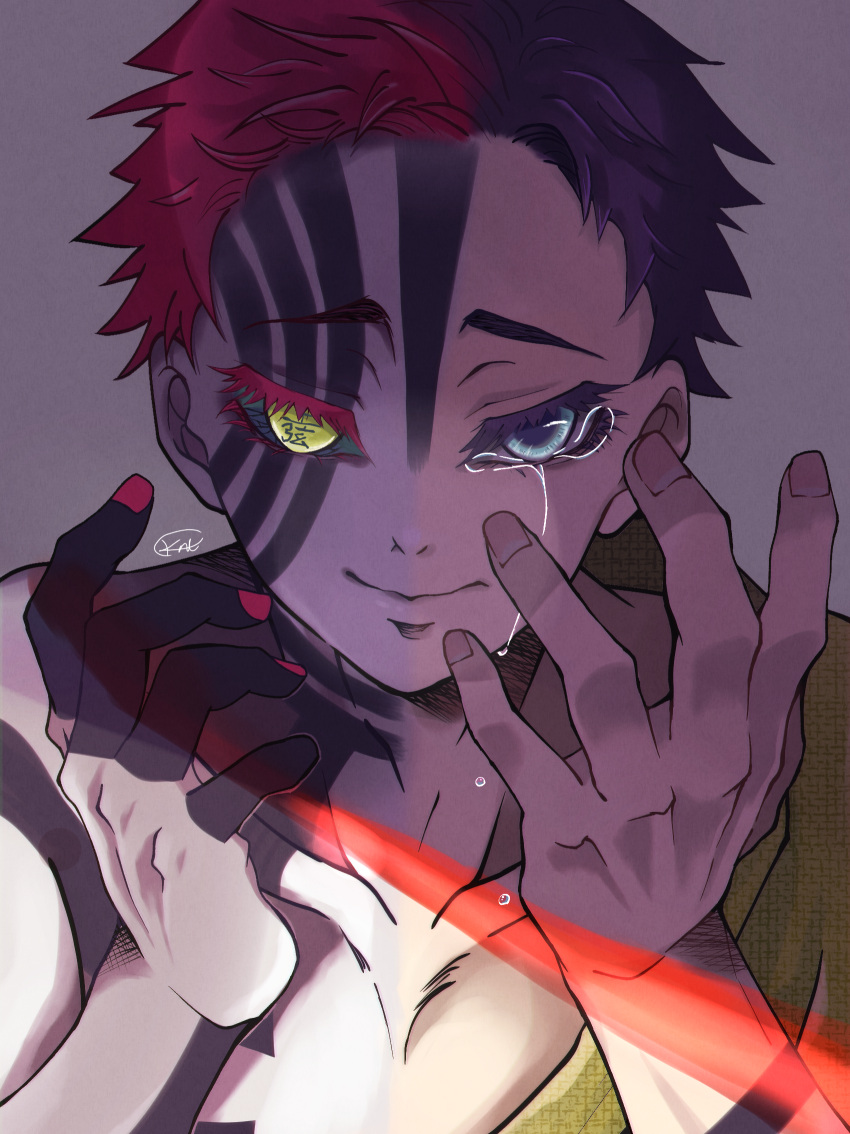 1boy akaza_(kimetsu_no_yaiba) araki_(nora_ark2) bare_shoulders closed_mouth collarbone colored_eyelashes colored_sclera crying crying_with_eyes_open eyelashes facial_mark facial_tattoo fingernails fusion green_kimono grey_background hakuji_(kimetsu_no_yaiba) hand_tattoo hands_up highres japanese_clothes kimetsu_no_yaiba kimono looking_at_viewer male_focus multicolored_hair pink_hair pink_nails portrait short_hair signature smile solo split-color_hair split_theme spoilers tattoo tears tears_from_one_eye text_in_eyes two-tone_hair yellow_eyes