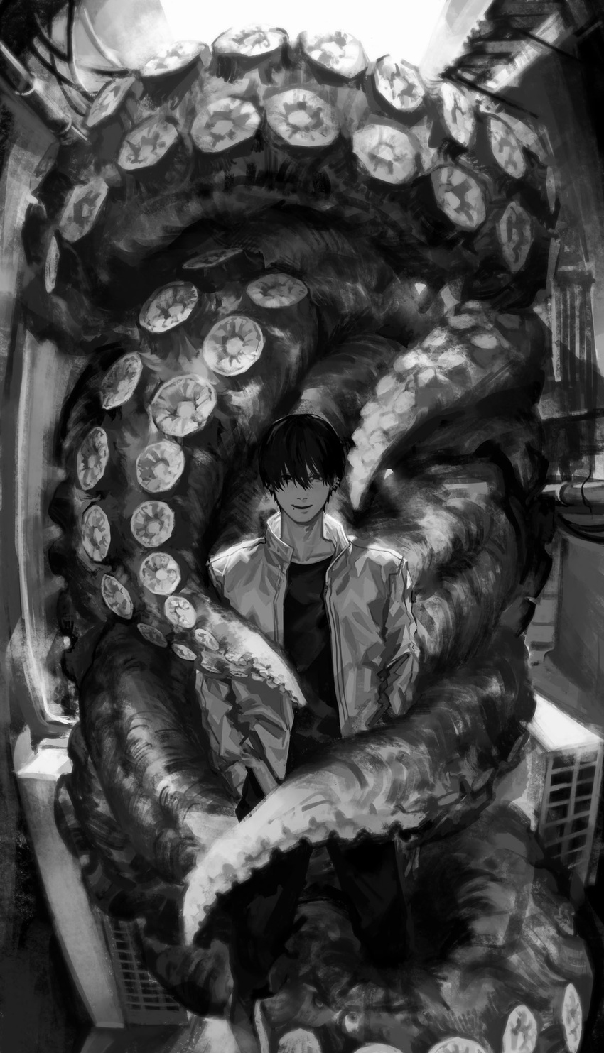 1boy alley cable chainsaw_man commentary ear_piercing feet_out_of_frame greyscale hair_between_eyes half-closed_eyes hand_in_pocket highres incoming_attack jacket long_sleeves looking_at_viewer male_focus mole mole_under_mouth monochrome octopus_devil_(chainsaw_man) open_clothes open_jacket outdoors pants parted_lips piercing seki_(fyfyfy) shirt short_hair smile smoking_pipe solo standing suction_cups tentacle yoshida_hirofumi