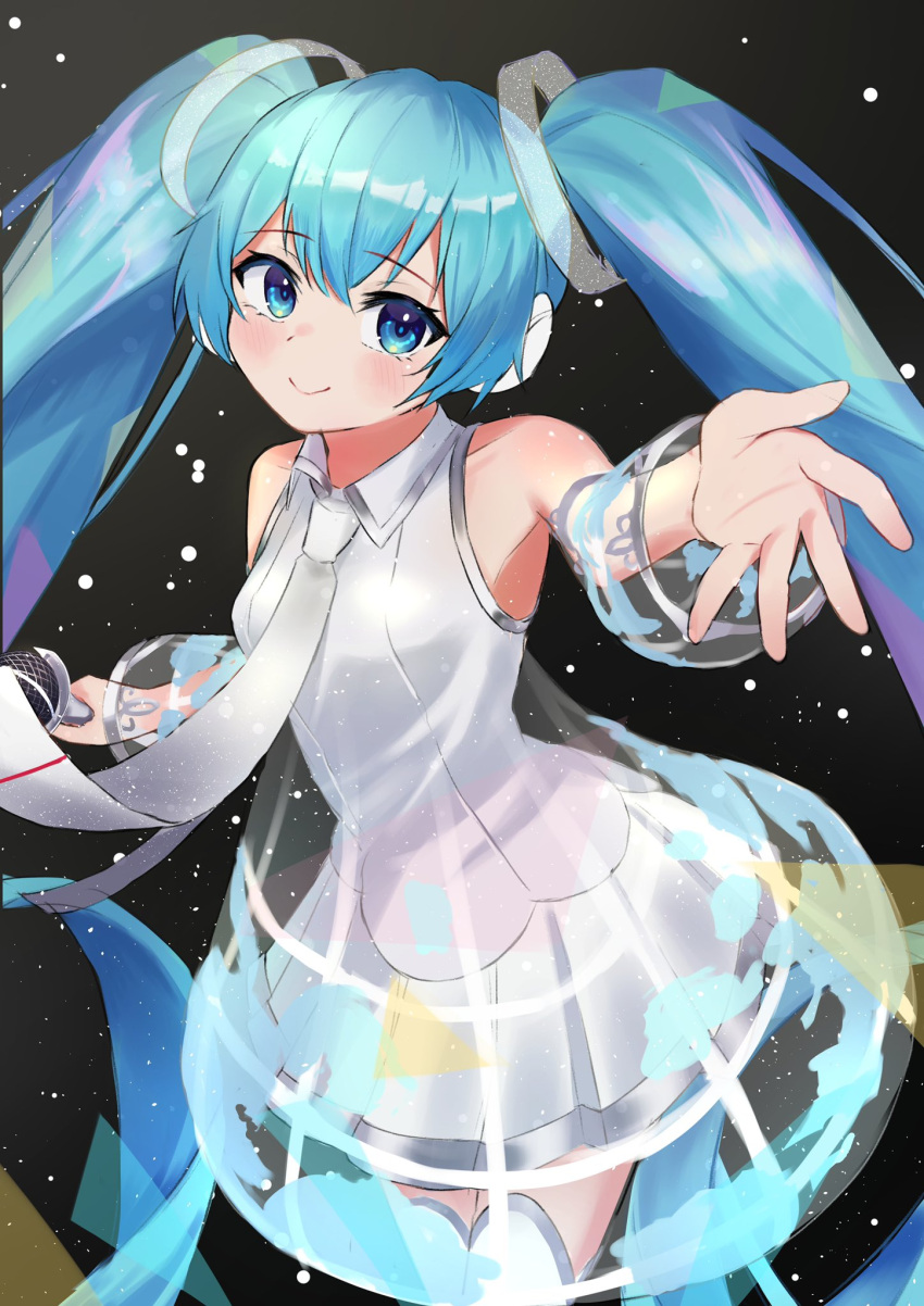 bare_shoulders blue_eyes blue_hair breasts collared_shirt commentary female hair_ornament hatsune_miku hatsune_miku_expo headphones highres long_hair necktie piku_39 shirt skirt sleeveless sleeveless_shirt smile solo starry_background thighhighs twintails very_long_hair vocaloid white_necktie