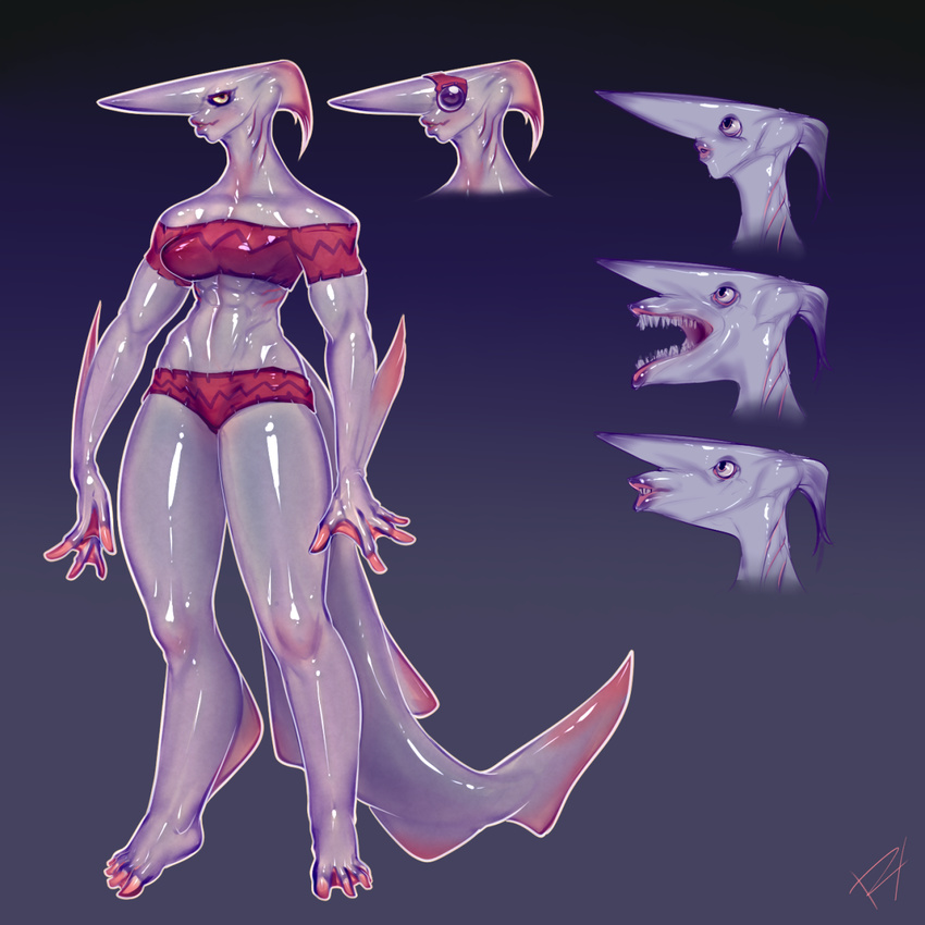 1:1 2015 anthro breasts clothing derek_hetrick eyewear feet female fish gills goblin_shark goggles hi_res lips mackerel_shark marine membrane_(anatomy) mitsu_(derek_hetrick) mitsukurinid open_mouth shark sharp_teeth solo swimwear teeth toes webbed_feet webbed_hands