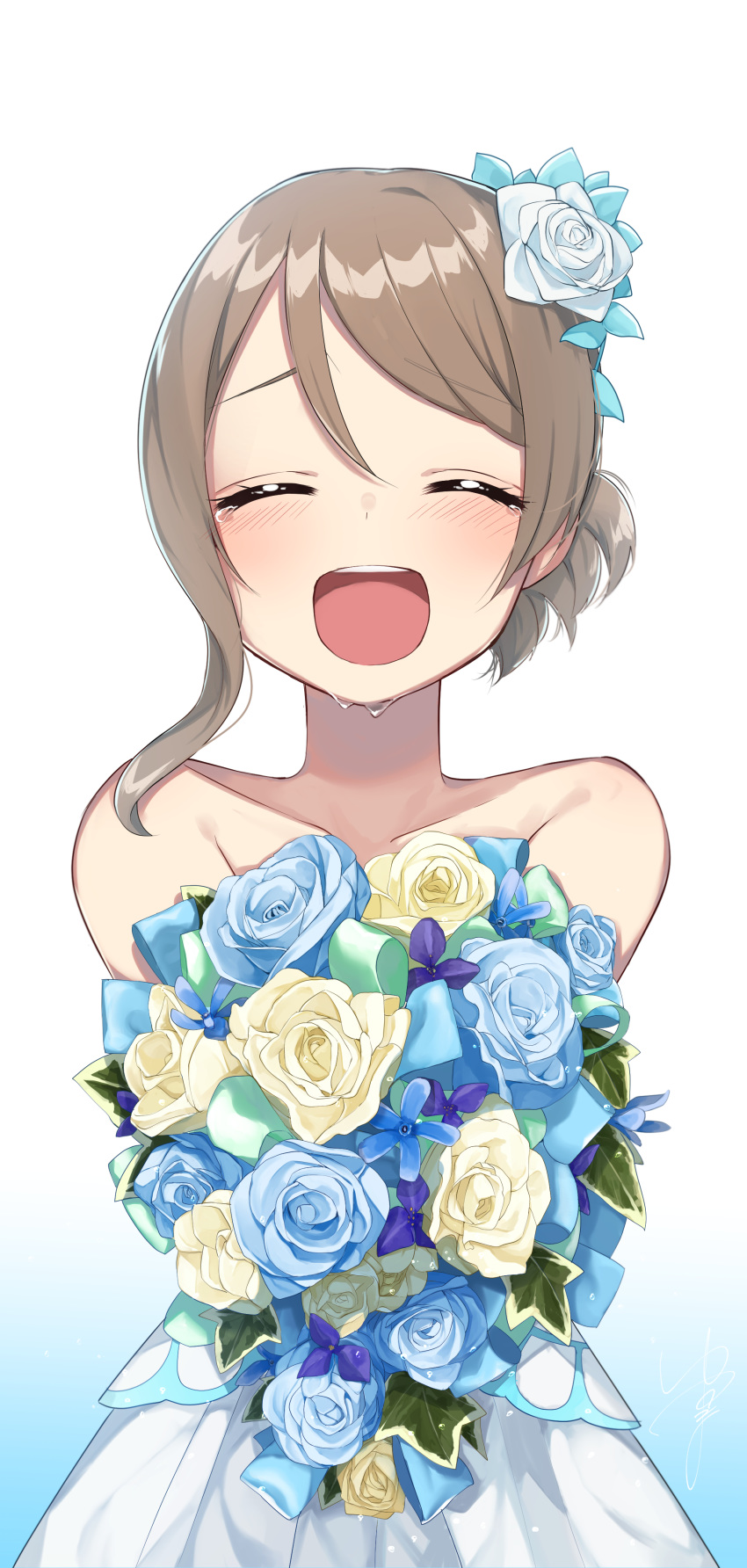 absurdres alternate_hairstyle bare_shoulders blue_flower blue_ribbon blue_rose blush closed_eyes commentary_request crying dress facing_viewer female flower gradient_background hair_between_eyes hair_flower hair_ornament happy highres leaf love_live! love_live!_sunshine!! open_mouth purple_flower ribbon rose smile solo strapless strapless_dress tears thank_you_friends!! watanabe_you white_background white_dress white_flower white_rose yellow_flower yuama_(drop)