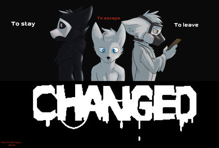 2018 4_fingers anthro black_body black_fur blue_eyes canid canine canis changed_(video_game) clothed clothing digital_drawing_(artwork) digital_media_(artwork) dr._k_(changed) drip_effect dripping_text fingers fluffy fur gas_mask goo_creature group hair lin_(changed) male male_anthro mammal mask monster neo_goldwing_(artist) puro_(changed) red_eyes simple_background standing text trio white_body white_fur wolf