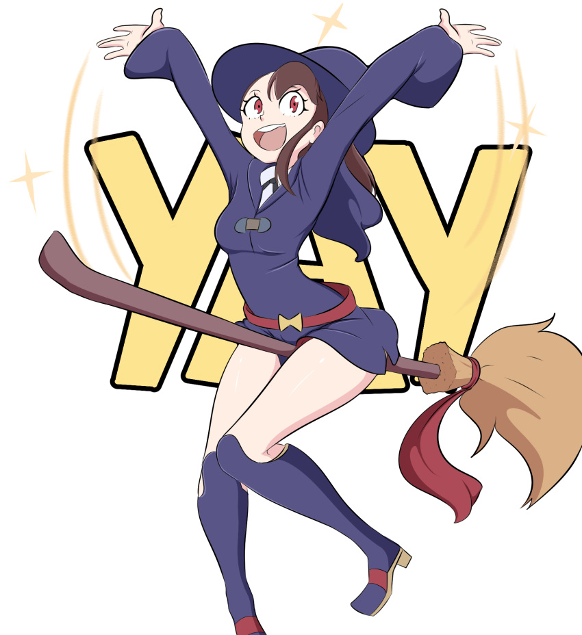 breasts broom broom_riding brown_hair celebration commentary english_commentary female hat highres kagari_atsuko little_witch_academia red_eyes small_breasts smile solo spoilers witch_hat zero_momentai