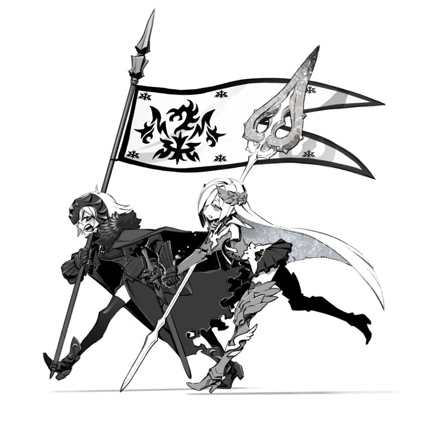 2girls armor armored_dress banner belt blush boots brynhildr_(fate) brynhildr_romantia cape cloak commentary_request corset dress fate/grand_order fate_(series) flag flagpole from_side full_body fur-trimmed_cape fur_trim gauntlets greaves greyscale hair_over_one_eye headpiece highres holding holding_flag holding_hands holding_staff jeanne_d'arc_alter_(avenger)_(fate) jeanne_d'arc_alter_(avenger)_(first_ascension)_(fate) jeanne_d'arc_alter_(fate) leaning_forward long_hair miwa_shirow monochrome multiple_girls open_mouth profile rubbing scabbard sheath short_dress short_hair skirt smile staff straight_hair teeth thigh_boots thighhighs torn_cape torn_clothes upper_teeth_only very_long_hair weapon white_background zettai_ryouiki