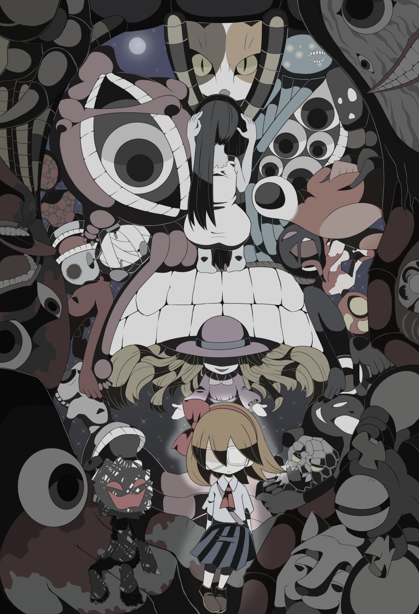 3girls absurdres bag bandaged_head bandages blood blood_on_hands blood_stain bug centipede chibi colorful commentary_request eyepatch faceless faceless_female flower ghost glowing glowing_eyes hair_between_eyes hair_ribbon highres koikawa_hayato loafers long_hair monster moon multiple_girls mummy nail night night_sky open_mouth outdoors pleated_skirt protagonist_(yomawari) red_flower red_ribbon ribbon rock sack school_uniform shirt shoes short_hair short_sleeves shoulder_bag skirt sky spoilers star_(sky) starry_sky stone tentacle white_shirt yomawari yomawari-san yomawari_(series)