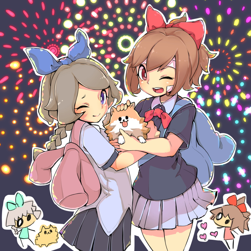 2girls :3 absurdres bag bandage_on_face bandages blue_eyes blue_ribbon canine child's_drawing commentary_request fireworks hair_between_eyes happy haru_(yomawari) heart highres holding looking_at_viewer multiple_girls one_eye_closed open_mouth pleated_skirt red_eyes red_ribbon ribbon school_uniform shin_yomawari shirt short_sleeves skirt smile takoyakiking7 white_shirt yomawari_(series) yui_(yomawari)