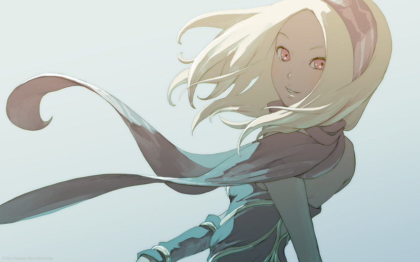 bare_shoulders black_scarf blonde_hair breasts dark-skinned_female dark_skin female floating_hair from_behind gravity_daze hairband highres kitten_(gravity_daze) long_hair looking_at_viewer looking_back medium_breasts official_art official_wallpaper parted_lips red_eyes saitou_shunsuke scarf smile solo strapless upper_body wind