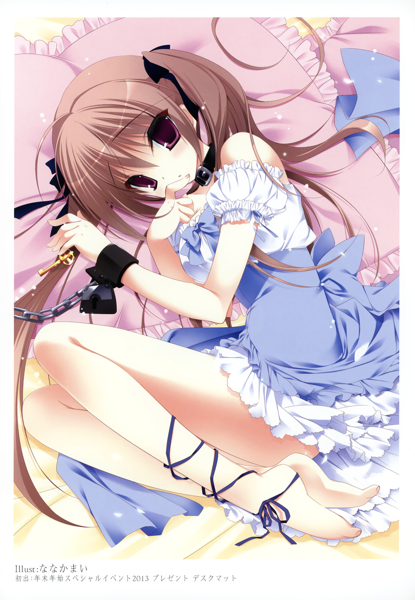 absurdres ankle_lace-up ankle_ribbon barefoot bed bondage bondage bound bound_wrists brown_hair chains collar cross-laced_footwear cuffs dress female finger_to_own_chin frilled_pillow frills hair_ribbon highres ichinose_himeki imouto_choukyou_nikki key leg_ribbon lying nanaka_mai on_side pillow purple_eyes ribbon scan solo twintails