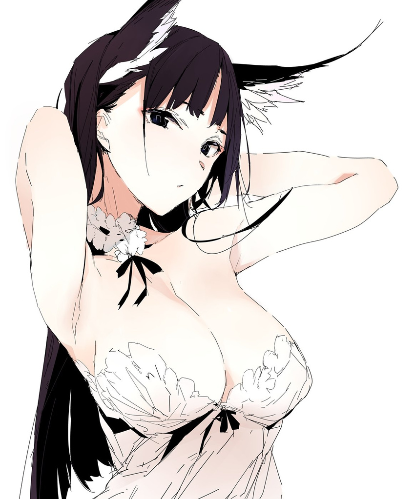 animal_ears armpits arms_up bare_shoulders black_hair blue_eyes breasts cleavage commentary_request cuffs dress female highres long_hair looking_at_viewer medium_breasts original shunsei_(muratou) solo white_dress