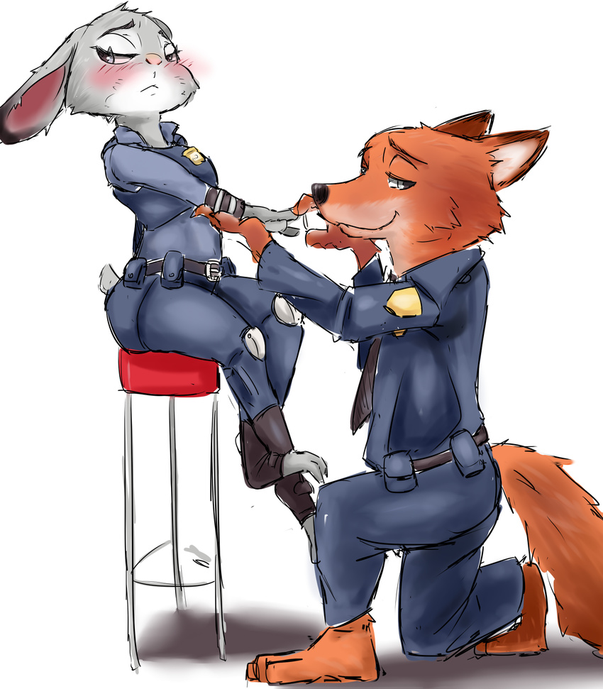 2016 anthro barefoot blush canid canine clothing countershading digital_media_(artwork) disney duo feet female fox fur grey_body grey_fur hi_res judy_hopps kneeling lagomorph leporid long_ears looking_away looking_back male mammal nick_wilde orange_body orange_fur police police_uniform proposal rabbit red_fox ring rlin romantic romantic_couple simple_background sitting true_fox uniform zootopia