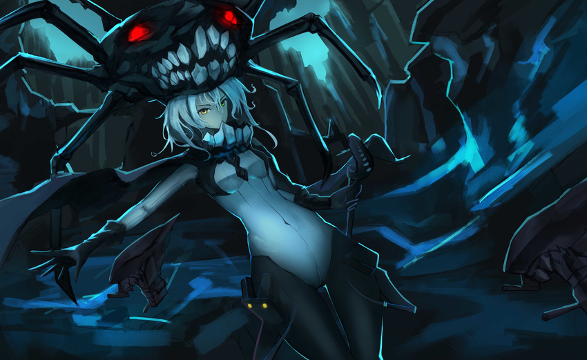 absurdres abyssal_ship bodysuit commentary_request dutch_angle female gloves glowing glowing_eyes grey_hair highres hip_focus kantai_collection looking_at_viewer outstretched_arm photoshop_(medium) red_eyes solo teeth thigh_gap thighs white_hair wo-class_aircraft_carrier yellow_eyes yun_lin