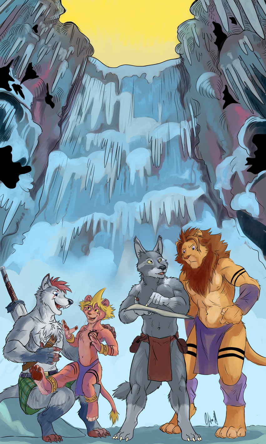 aetherel alexander_silverfang anthro bottomwear canid canine canis clothed clothing felid fox franko_(negy) frozen_waterfall group hi_res hybrid ice jewelry lion loincloth male mammal map markings melee_weapon negy pantherine shin_(negy) slim slim_anthro slim_male sword topless water waterfall weapon wolf young