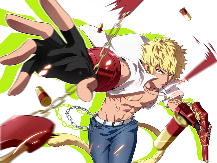 1boy abs bad_id bad_pixiv_id belt black_gloves blonde_hair blue_pants blurry chains cowboy_shot depth_of_field fingerless_gloves gloves gun high_collar highres holding holding_nunchaku holding_weapon jewelry kurohane lens_flare looking_at_viewer male_focus monkey_tail motion_blur navel necktie nunchaku open_clothes open_shirt outstretched_arm palms pants parted_lips pectorals pendant reaching ruyi_bang_and_jingu_bang ruyi_jingu_bang rwby shell_casing shirt short_sleeves solo spiked_hair stomach sun_wukong_(rwby) tail vambraces weapon white_background white_shirt yellow_eyes