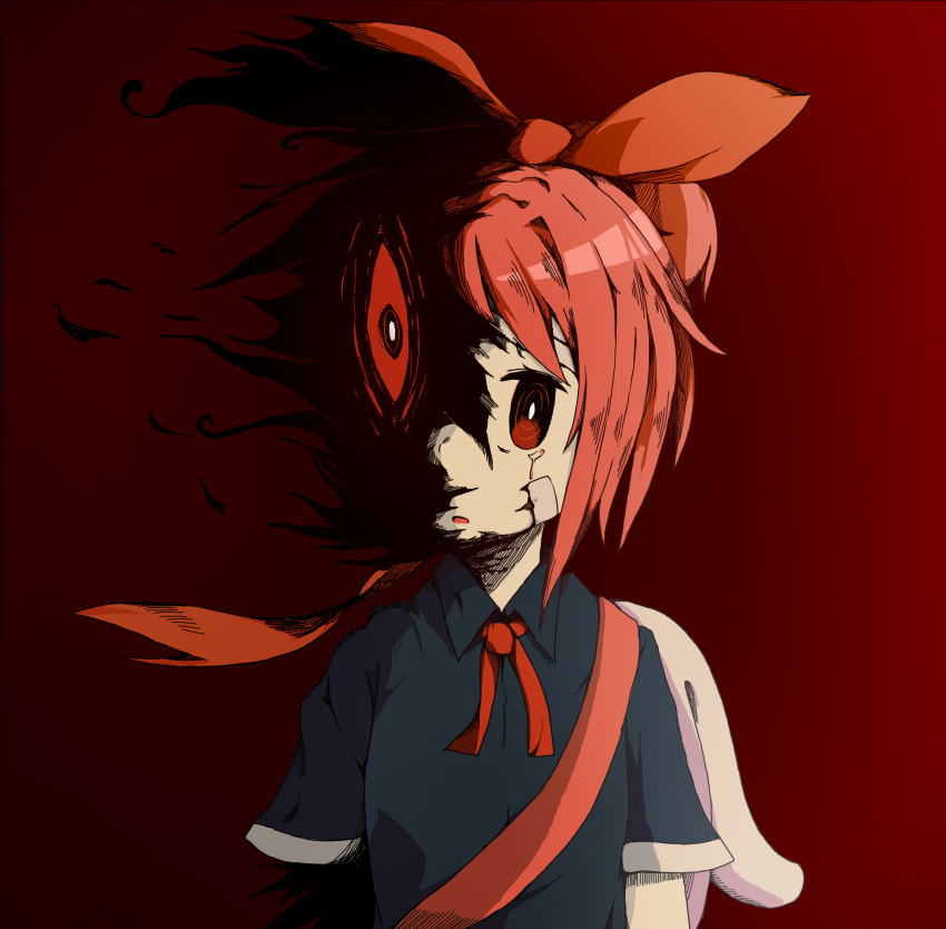 absurdres bag commentary_request crying crying_with_eyes_open empty_eyes female hair_ribbon highres horror_(theme) ponytail randomnpc red_ribbon ribbon scared school_uniform shin_yomawari short_sleeves shoulder_bag spoilers teardrop tears yomawari_(series) yui_(yomawari)