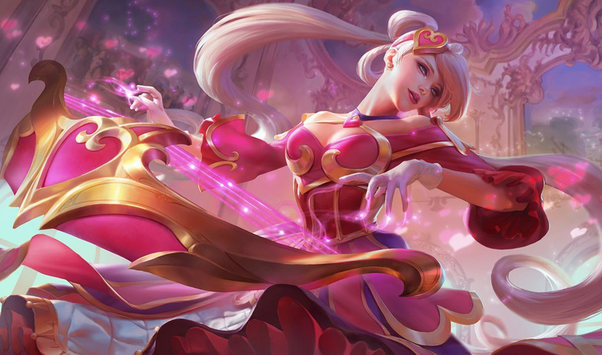 alternate_costume alternate_hair_color bare_shoulders blue_eyes breasts cleavage cleavage_cutout clothing_cutout dress female gloves hair_ornament heart heart_hair_ornament instrument league_of_legends lipstick long_hair makeup medium_breasts official_art pink_dress solo sona_(league_of_legends) sweetheart_sona twintails white_hair