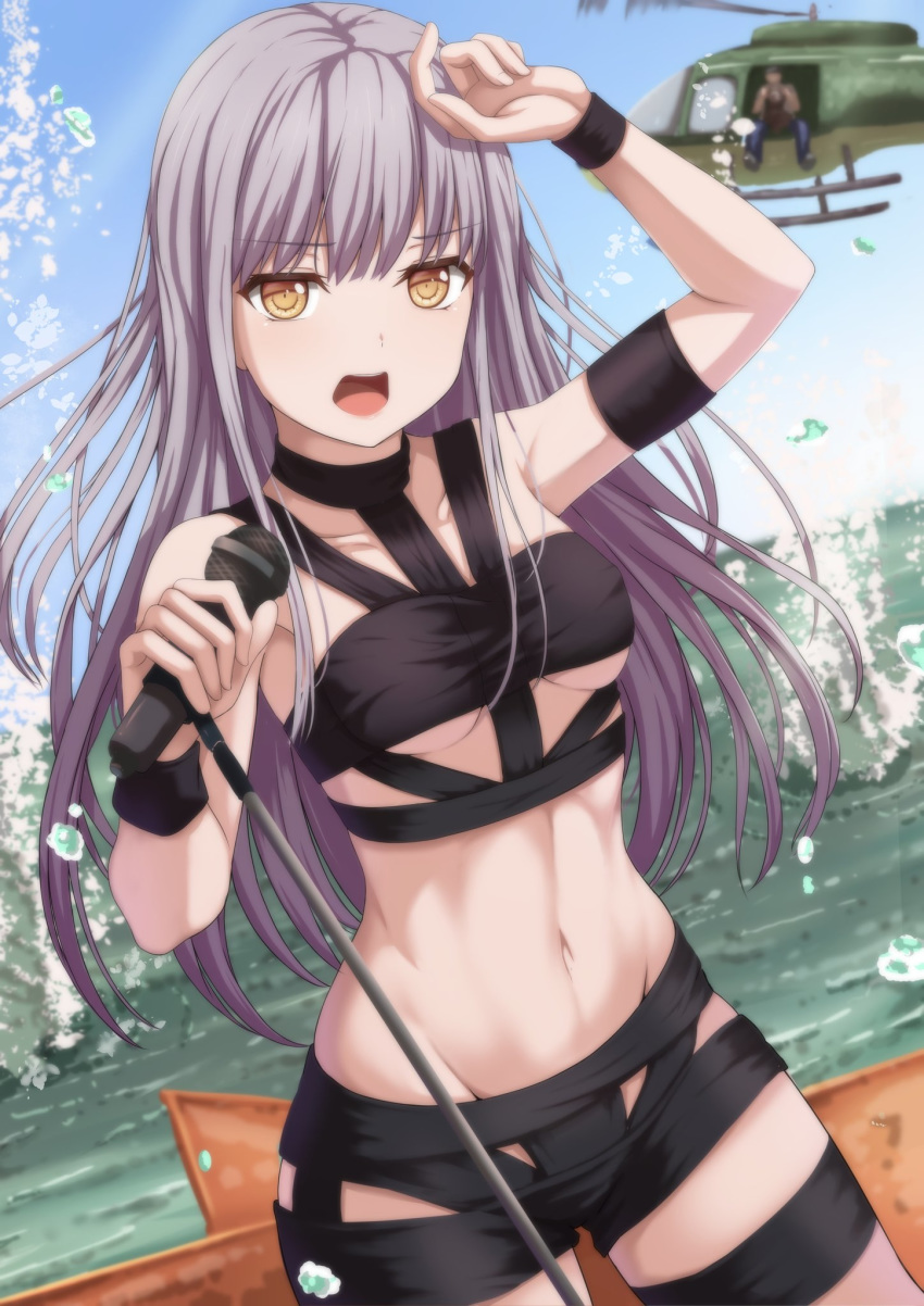 1boy aircraft armband bad_id bad_twitter_id bang_dream! blurry breasts cameraman choker collarbone covered_nipples day depth_of_field female grey_hair hand_over_face helicopter highres hot_limit long_hair microphone minato_yukina narafume navel open_mouth outdoors revealing_clothes sky solo_focus splashing stage t.m.revolution toned underboob water wristband yellow_eyes