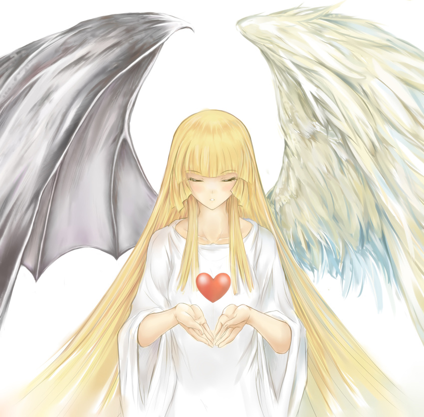 angel angel_and_devil angel_wings asymmetrical_wings blonde_hair change_of_heart closed_eyes commentary_request demon demon_wings duel_monster erementa female highres long_hair solo wings yu-gi-oh!