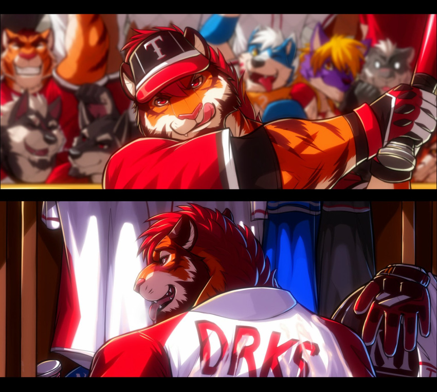 2016 anthro baseball_(sport) baseball_bat baseball_cap baseball_tiger baseball_uniform bat_(object) beard black_body black_fur black_nose blonde_hair blue_body blue_fur blush brown_body brown_fur canid canine canis cheering closed_eyes clothed clothing crowd depth_of_field detailed_background digital_media_(artwork) domestic_dog drks ears_back facial_hair fangs felid fur goatee grey_body grey_fur group hair hat headgear headwear hi_res inside letterbox licking licking_lips locker_room looking_at_viewer looking_back male mammal multicolored_body multicolored_fur multiple_scenes one_eye_closed orange_body orange_fur outside pantherine pink_tongue pivoted_ears purple_body purple_fur red_eyes red_hair redick self_lick smile solo_focus sport sportswear teeth tiger tongue tongue_out two_tone_body two_tone_fur uniform white_body white_fur white_hair wolf