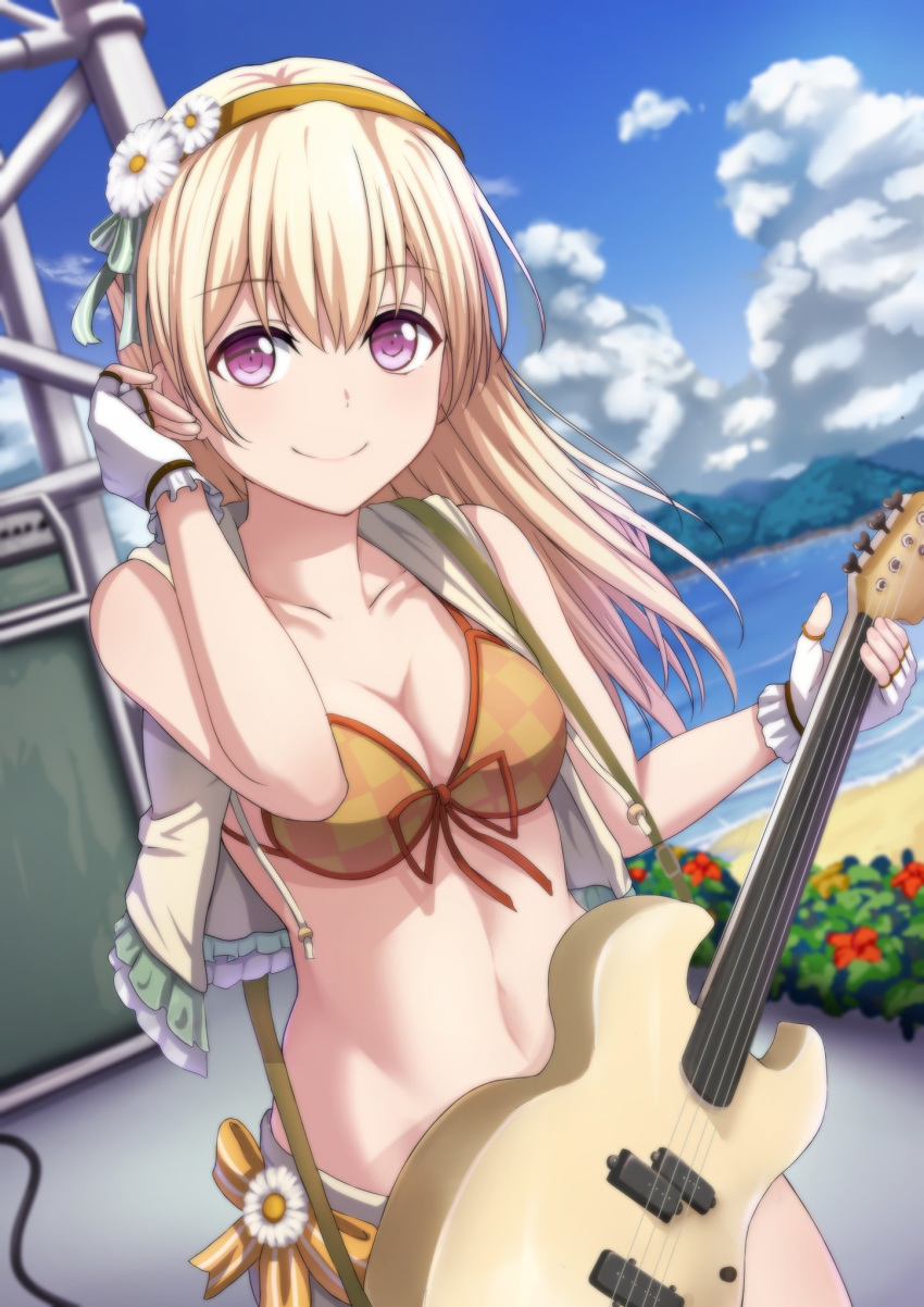 bad_id bad_twitter_id bang_dream! beach bikini blonde_hair bow breasts cable cleavage cloud collarbone commentary_request day electric_guitar female fingerless_gloves flower frilled_gloves frills front-tie_bikini_top front-tie_top gloves green_ribbons guitar hair_flower hair_ornament hair_ribbon hairband highres instrument long_hair looking_at_viewer medium_breasts narafume orange_bikini orange_bow outdoors purple_eyes ribbon scaffolding shirasagi_chisato smile solo speaker swimsuit vest white_flower white_gloves