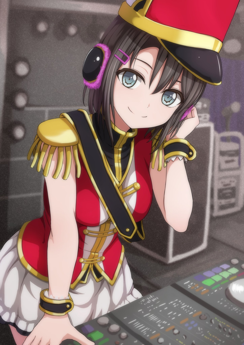 bad_id bad_twitter_id band_uniform bang_dream! black_hair blue_eyes blurry blurry_background dj epaulettes female hair_ornament hairclip hand_on_headphones hat headphones highres leaning_forward leaning_on_object looking_at_viewer mixing_table narafume okusawa_misaki sash shako_cap short_hair skirt smile solo stage_lights white_skirt wrist_cuffs