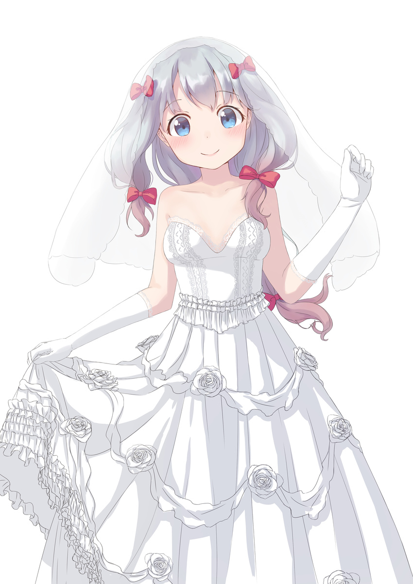 absurdres bad_id bad_pixiv_id blue_eyes blue_hair blush breasts breasts_apart bride closed_mouth collarbone dress elbow_gloves eromanga_sensei female flower gloves hair_between_eyes highres izumi_sagiri long_hair looking_at_viewer maka_neko rose simple_background skirt_hold small_breasts smile solo standing strapless strapless_dress veil very_long_hair wedding_dress white_background white_dress white_flower white_gloves white_rose