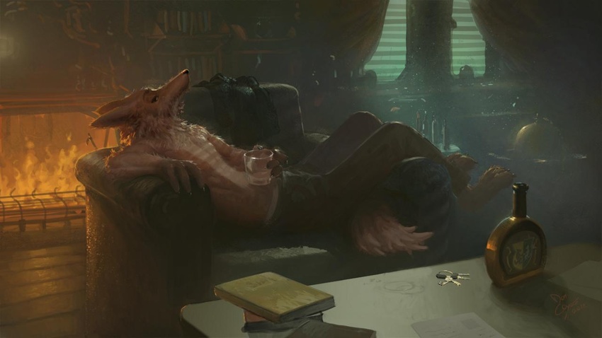 16:9 alcohol anthro beverage blinds book bottomwear canid canine chair clothed clothing doncoyote ears_back fire fireplace fox furniture holding_object inside key looking_at_viewer mammal pants pivoted_ears solo table topless whiskey widescreen window