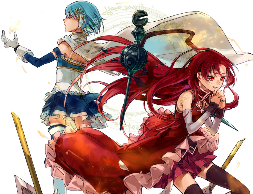 2girls bare_shoulders black_legwear blue_eyes blue_hair blue_skirt boots cape closed_eyes commentary_request detached_sleeves fortissimo gloves grief_seed hair_ornament hairclip ichiko_milk_tei long_hair magical_girl mahou_shoujo_madoka_magica mahou_shoujo_madoka_magica_(anime) miki_sayaka miki_sayaka_(magical_girl) multiple_girls musical_note musical_note_hair_ornament own_hands_clasped own_hands_together pleated_skirt polearm ponytail red_eyes red_hair red_skirt sakura_kyoko sakura_kyoko_(magical_girl) short_hair skirt spear sword thighhighs weapon white_gloves white_legwear