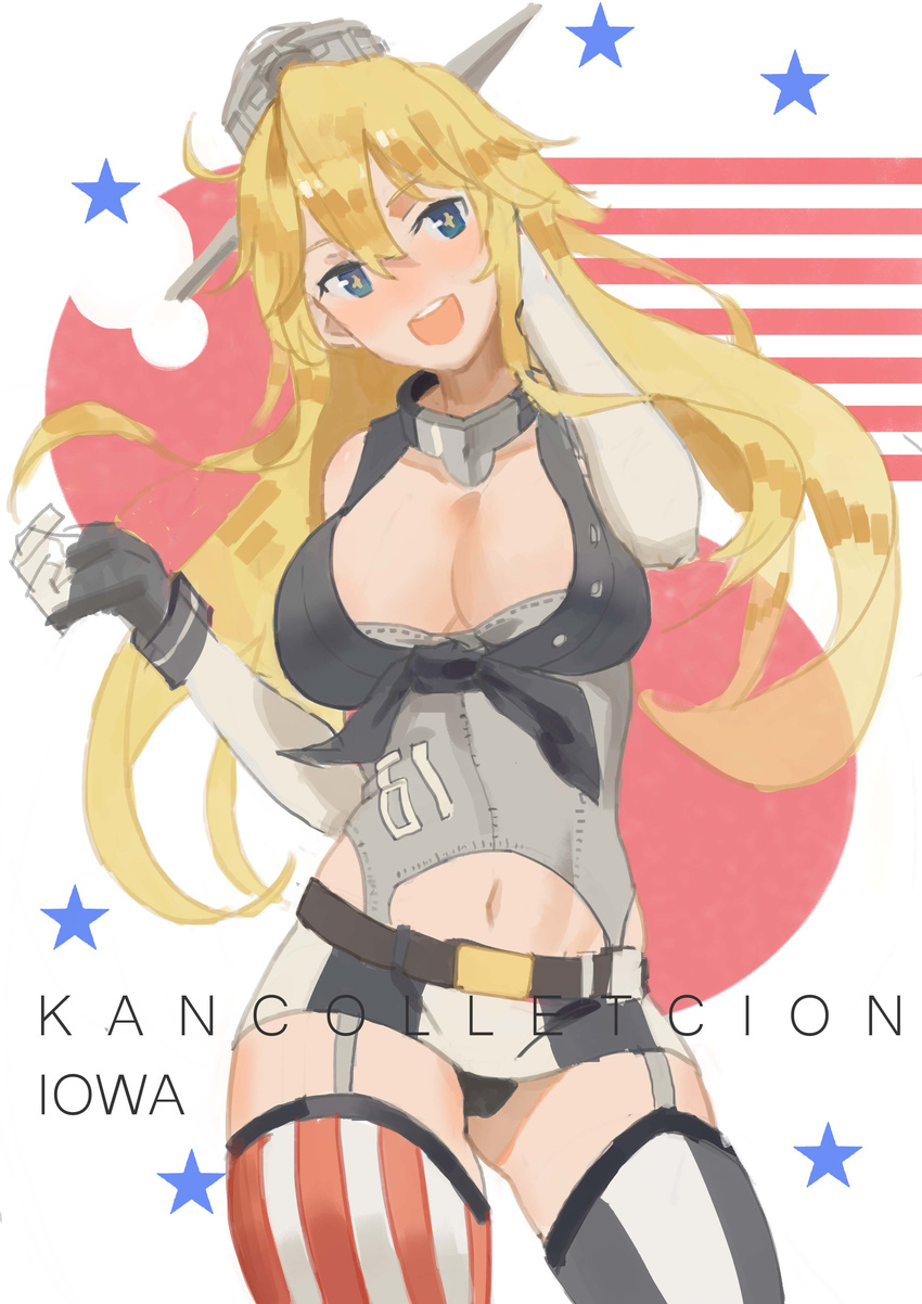 :d absurdres american_flag_legwear belt black_panties blonde_hair blue_eyes breasts character_name cleavage commentary_request copyright_name female gloves headgear highres ikz97 iowa_(kancolle) kantai_collection large_breasts long_hair looking_at_viewer microskirt midriff navel open_mouth panties photoshop_(medium) skirt smile solo star-shaped_pupils star_(symbol) striped symbol-shaped_pupils teeth thighhighs underwear vertical_stripes