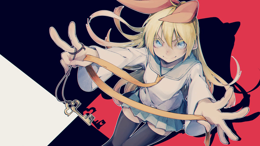 black_thighhighs blonde_hair blue_eyes end_card female hair_ribbon highres holding key kirisaki_chitoge long_hair looking_at_viewer necktie nisekoi non-web_source outstretched_arms red_ribbon ribbon school_uniform sidu_(dsd_kgn) smile solo thighhighs v very_long_hair zettai_ryouiki