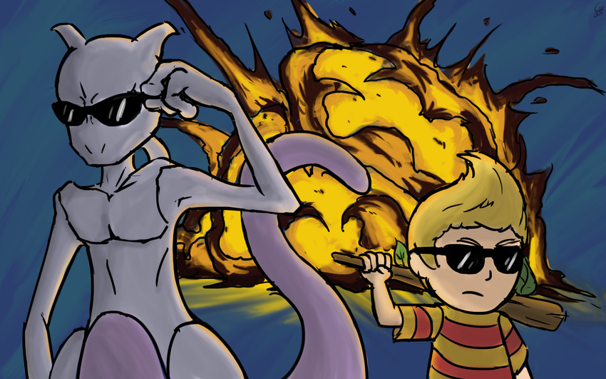 16:10 anthro blonde_hair cool_guys_don't_look_at_explosions crossover duo earthbound_(series) explosion eyewear felid generation_1_pokemon hair human legendary_pokemon lucas_(earthbound) male mammal mewtwo nintendo pokemon pokemon_(species) sunglasses super_smash_bros. unknown_artist widescreen