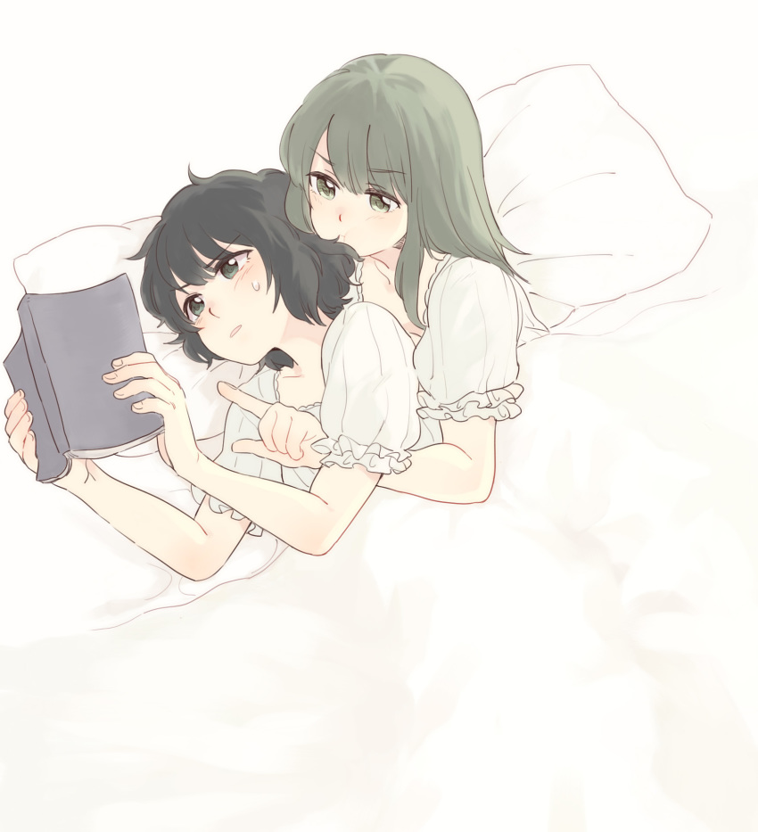 2girls :t bad_id bad_pixiv_id black_eyes black_hair book brown_eyes brown_hair commentary_request flowers_(innocent_grey) highres holding holding_book keiya lying medium_hair multiple_girls nightgown on_side open_book photoshop_(medium) pillow pointing pout short_hair spooning sweatdrop takasaki_chidori under_covers yaegaki_erika yuri