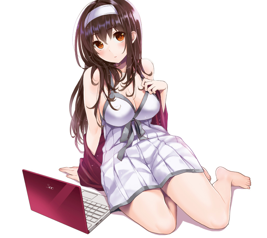 alternate_eye_color arm_support barefoot blush breasts brown_eyes brown_hair cleavage computer dress female hairband hand_on_own_chest highres kasumigaoka_utaha laptop large_breasts long_hair musha_sabu parted_lips saenai_heroine_no_sodatekata simple_background sitting solo white_background yokozuwari