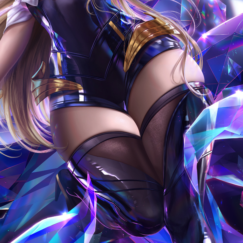 ahri_(league_of_legends) blonde_hair close-up commentary_request crystal female fox_tail high_heels idol javier_estrada jewelry k/da_(league_of_legends) k/da_ahri league_of_legends leg_up long_hair lower_body photoshop_(medium) solo tail thighhighs thighs