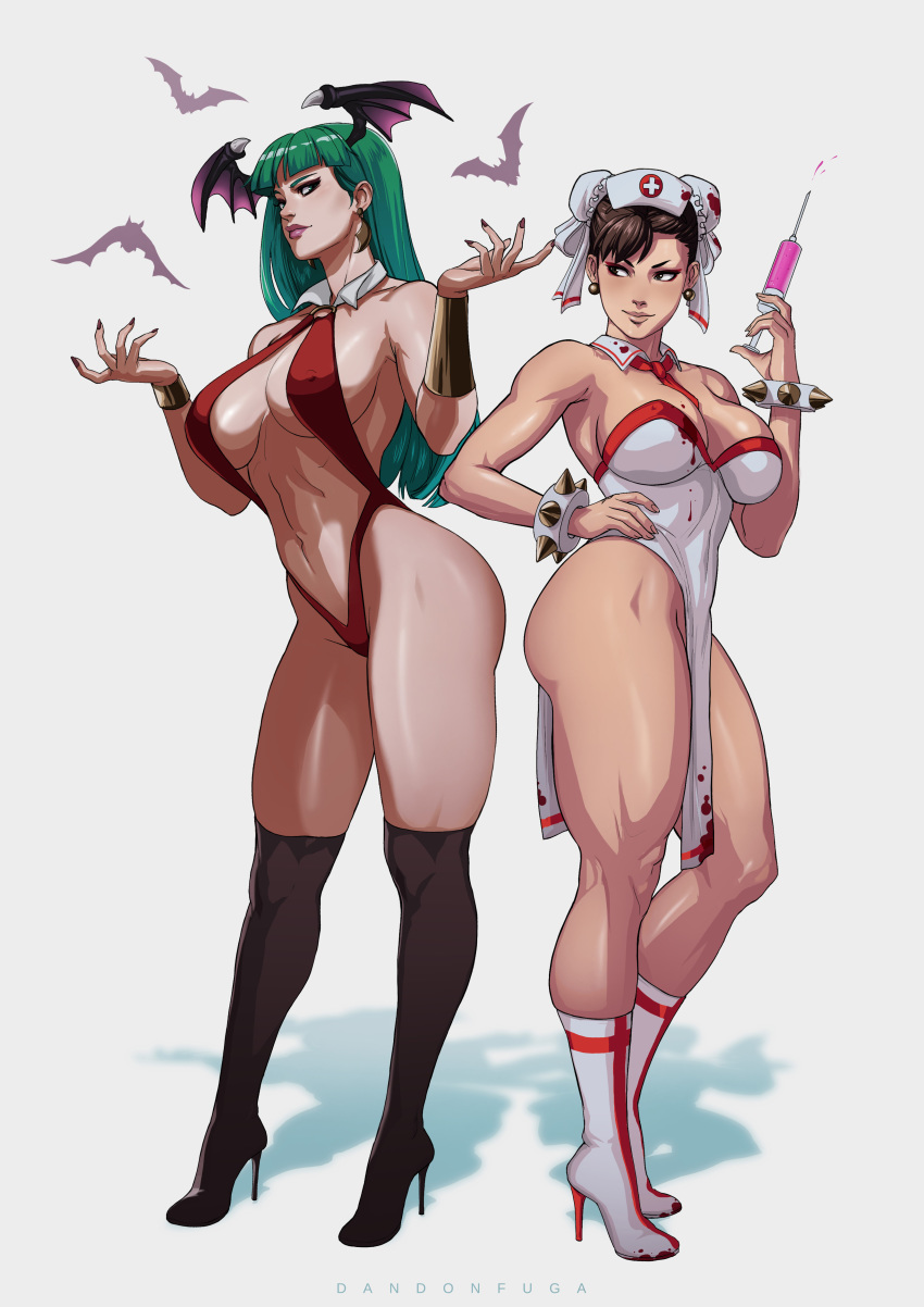 2girls armpits artist_name bat black_footwear blood bloody_clothes boots bracelet breasts brown_eyes brown_hair bun_cover capcom chun-li cleavage closed_mouth company_connection cosplay crossover dandon_fuga demon_girl detached_collar double_bun earrings erect_nipples full_body green_eyes green_hair groin halloween hand_on_hip hat head_wings highres jewelry large_breasts legs leotard long_hair makeup morrigan_aensland multiple_girls navel nurse nurse_cap outstretched_arms pinup shadow simple_background spiked_bracelet spikes standing strapless street_fighter stud_earrings succubus syringe thick_thighs thigh_boots thighhighs thighs toned vampire_(game) vampirella vampirella_(character) vampirella_(character)_(cosplay) white_background white_footwear