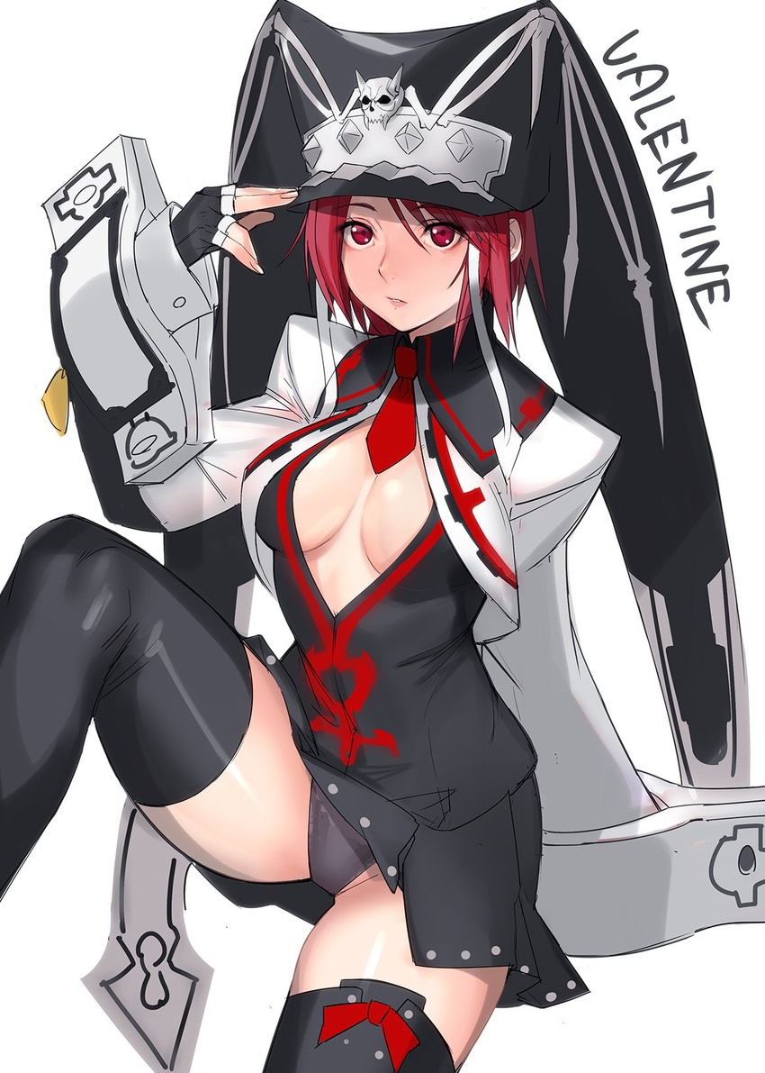 black_dress black_panties black_skirt black_thighhighs blush breasts character_name cleavage_cutout closed_mouth clothing_cutout commentary dress female fingerless_gloves fingernails gloves guilty_gear guilty_gear_2 headpiece highres knee_up large_breasts long_sleeves looking_at_viewer necktie no_bra panties red_eyes red_hair red_necktie short_hair simple_background skirt solo tetsu_(kimuchi) thighhighs underwear valentine_(guilty_gear) white_background