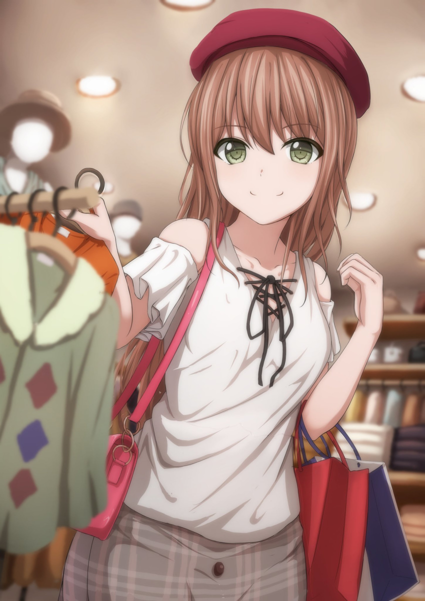 bad_id bad_twitter_id bag bang_dream! beret blurry blurry_background brown_hair brown_hat clothes clothes_hanger clothes_rack clothing_cutout collarbone cross-laced_clothes female green_eyes grey_skirt hand_up hat highres imai_lisa indoors long_hair looking_at_viewer mannequin narafume plaid plaid_skirt red_hat shirt shopping shopping_bag short_sleeves shoulder_bag shoulder_cutout skirt smile solo white_shirt