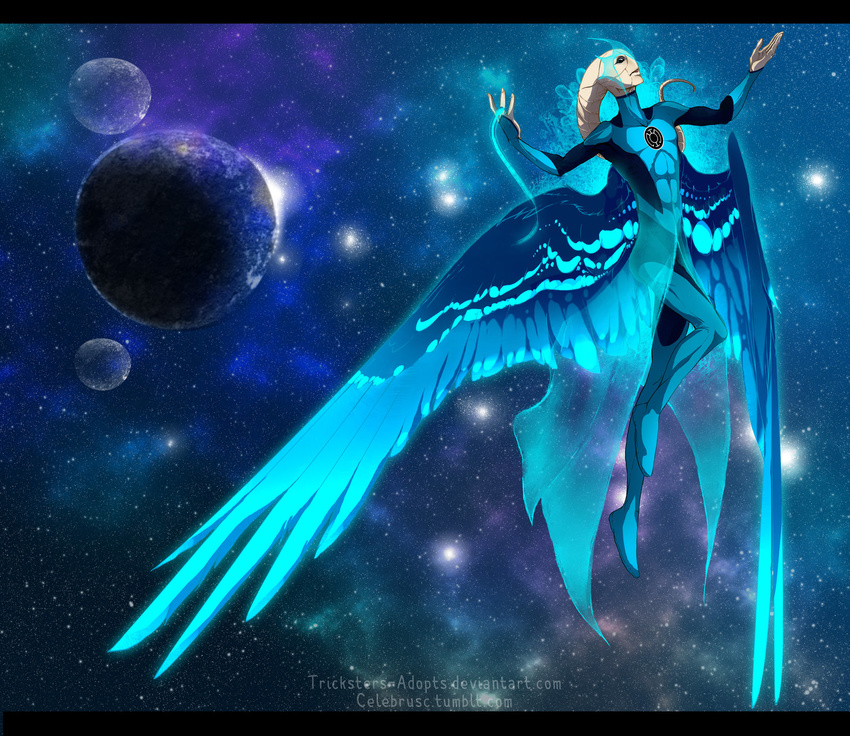 1boy alien bald black_eyes blue_lantern bodysuit bro'dee_walker dc_comics feathered_wings full_body green_lantern_(series) male_focus pale_skin planet ring solid_eyes solo space star_(sky) white_skin wings