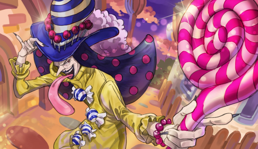 1boy blue_hair bracelet brown_eyes candy charlotte_perospero commentary english_commentary food hat highres jewelry lipstick living_(pixiv5031111) long_hair makeup male_focus nail_polish one_piece open_mouth solo sparkle tongue tongue_out