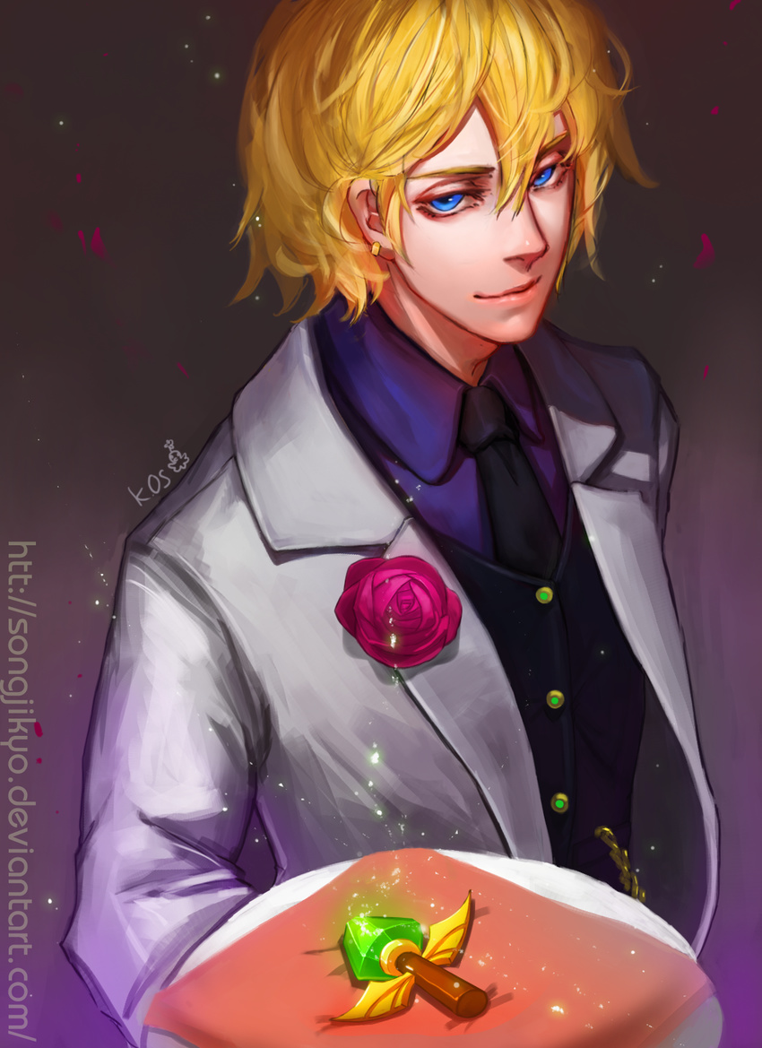 1boy alternate_costume blonde_hair blue_eyes commentary corsage debonair_ezreal earrings english_commentary ezreal flower formal highres jewelry league_of_legends male_focus necktie solo songjikyo suit ward_(league_of_legends) watermark web_address