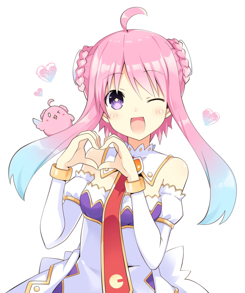 ahoge blue_hair blush breasts commentary_request compile_heart detached_sleeves female heart heart_hands highres ileheart looking_at_viewer multicolored_hair one_eye_closed open_mouth pink_hair purple_eyes small_breasts smile solo star-shaped_pupils star_(symbol) symbol-shaped_pupils twintails two-tone_hair virtual_youtuber white_background zero_(ray_0805)