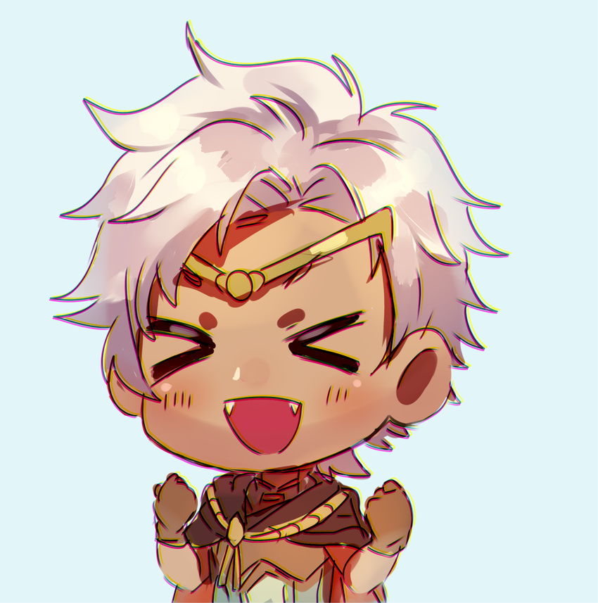 >_< 1boy :d blue_background boey_(fire_emblem) cape chibi circlet closed_eyes commentary_request dark-skinned_male dark_skin fangs fire_emblem fire_emblem_echoes:_shadows_of_valentia gloves highres kash-phia male_focus open_mouth portrait simple_background smile solo white_hair xd