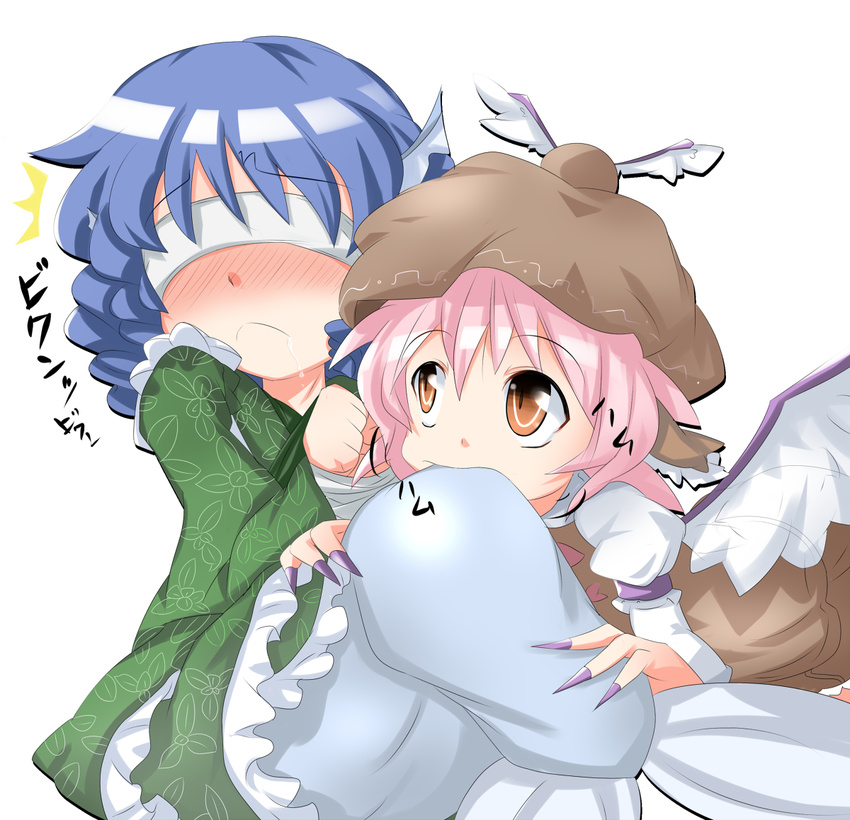 2girls ^^^ animal_ears biting biting_another's_tail blindfold blue_hair blush bound brown_dress brown_eyes commentary_request dress drooling fingernails fins hat head_fins japanese_clothes kikurage_(sugi222) kimono long_fingernails mermaid monster_girl multiple_girls mystia_lorelei nail_polish obi painttool_sai_(medium) pink_hair purple_nails sash surprised tail tied_up_(nonsexual) touhou wakasagihime wings