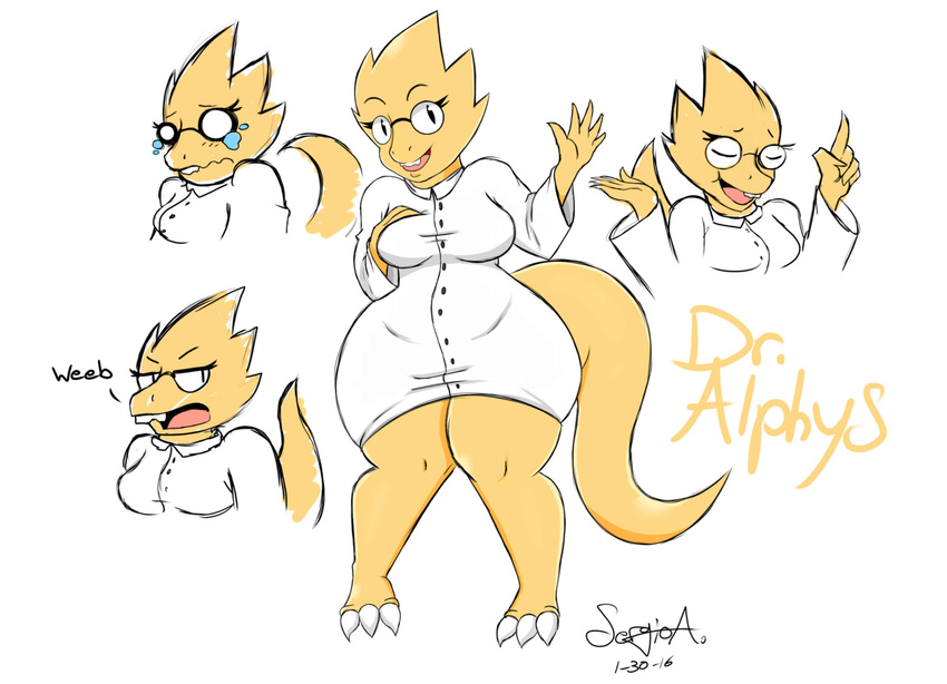 alphys anthro bodily_fluids breasts closed_eyes crying english_text eyewear female glasses hand_on_breast hi_res lizard mehdrawings non-mammal_breasts reptile scalie solo tears text thick_thighs undertale undertale_(series)