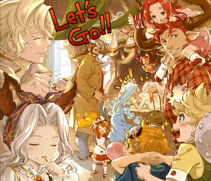 5boys 6+girls absurdres agielba alec_(granblue_fantasy) alternate_hairstyle amira_(shingeki_no_bahamut) animal_ears ardora arms_behind_back arms_behind_head beard blonde_hair blowing_bubbles blue_dress blush carrying carrying_overhead casual chewing_gum commentary_request cow_horns doll dragon draph dress english_text erune facial_hair father_and_daughter fif_(granblue_fantasy) fire flying_sweatdrops food food_on_face glasses goggles granblue_fantasy hair_intakes hair_over_one_eye hand_on_own_face highres hood hoodie horns lolicon long_beard lyria_(granblue_fantasy) minaba_hideo multiple_boys multiple_girls naoise narmaya_(granblue_fantasy) official_art plaid pointy_ears red_hair red_skirt redluck scarf scathacha_(granblue_fantasy) short_sleeves shorts shoulder_carry skirt socks stubble stuffed_animal stuffed_toy suspender_shorts suspenders sweatdrop syr_(granblue_fantasy) teddy_bear trembling twintails vyrn_(granblue_fantasy) yaia_(granblue_fantasy)