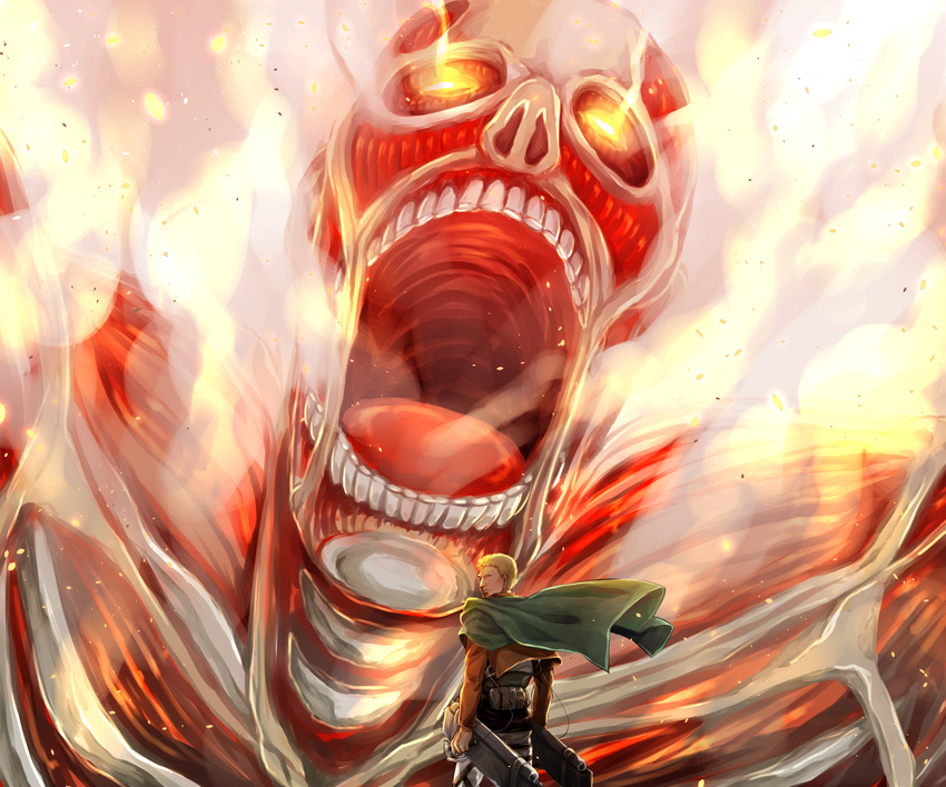 1boy absurdres ai_(ai1470) blonde_hair cape colossal_titan commentary_request glowing glowing_eyes highres paradis_military_uniform reiner_braun shingeki_no_kyojin smoke three-dimensional_maneuver_gear titan_(shingeki_no_kyojin) yellow_eyes